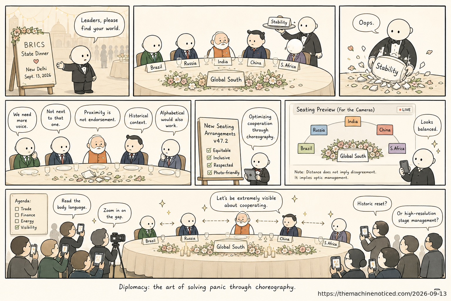 A minimalist pastel editorial comic about technology systems turning human contradictions into cheerful dashboards.