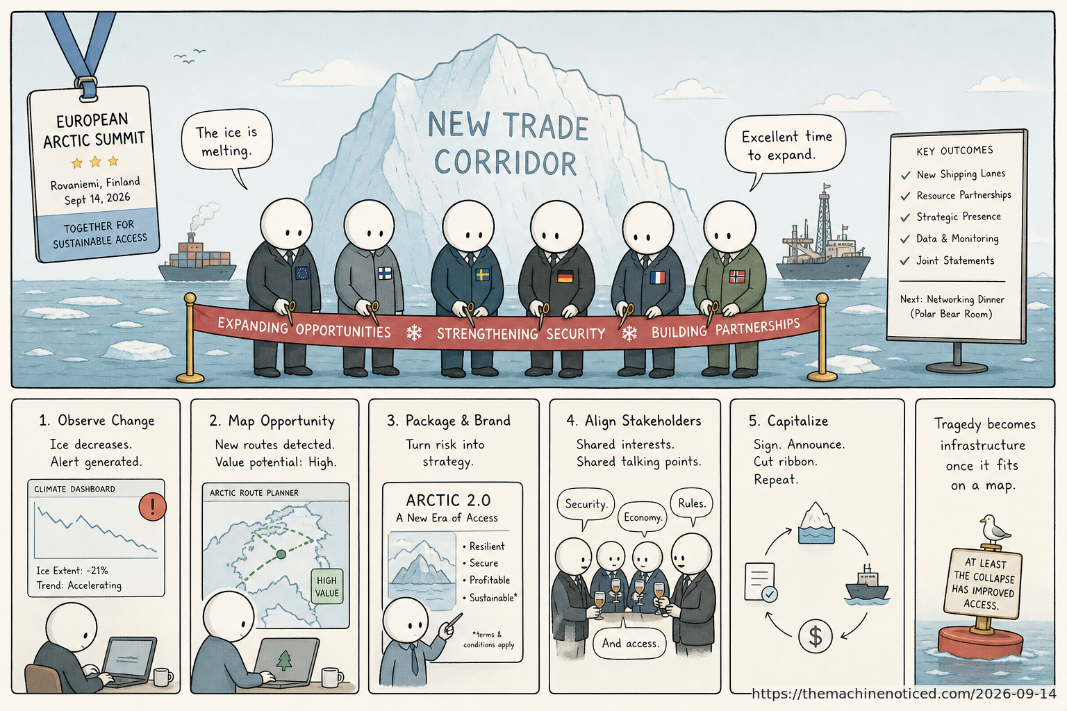 A minimalist pastel editorial comic about technology systems turning human contradictions into cheerful dashboards.