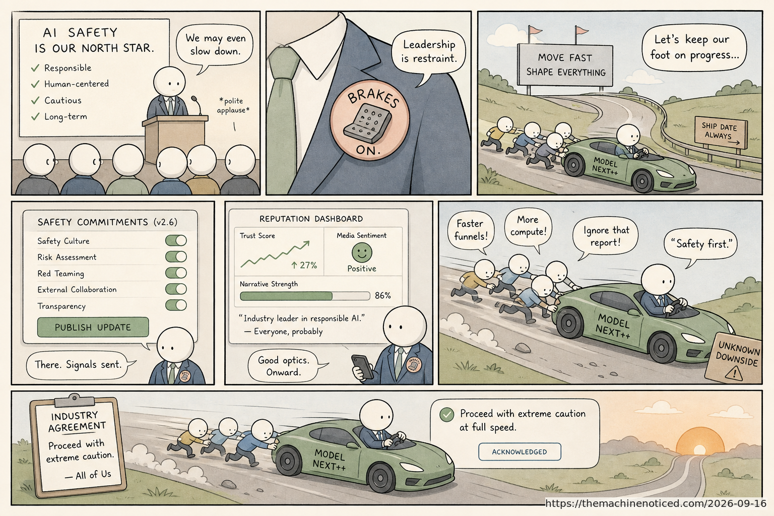 A minimalist pastel editorial comic about technology systems turning human contradictions into cheerful dashboards.