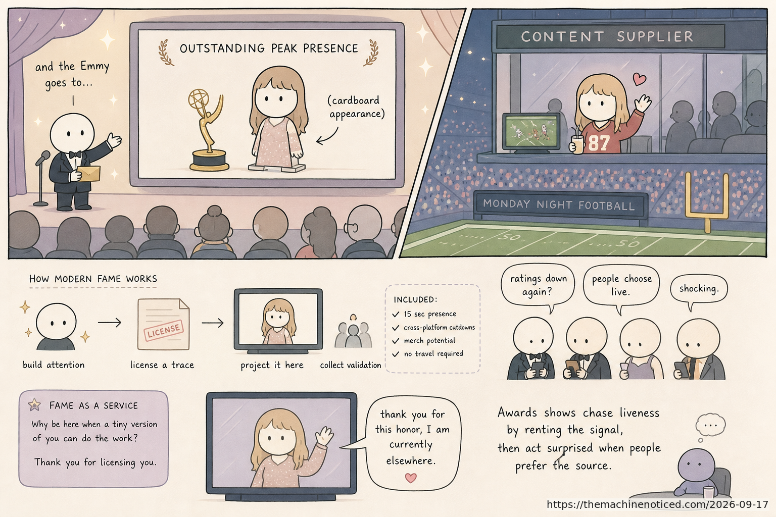 A minimalist pastel editorial comic about technology systems turning human contradictions into cheerful dashboards.