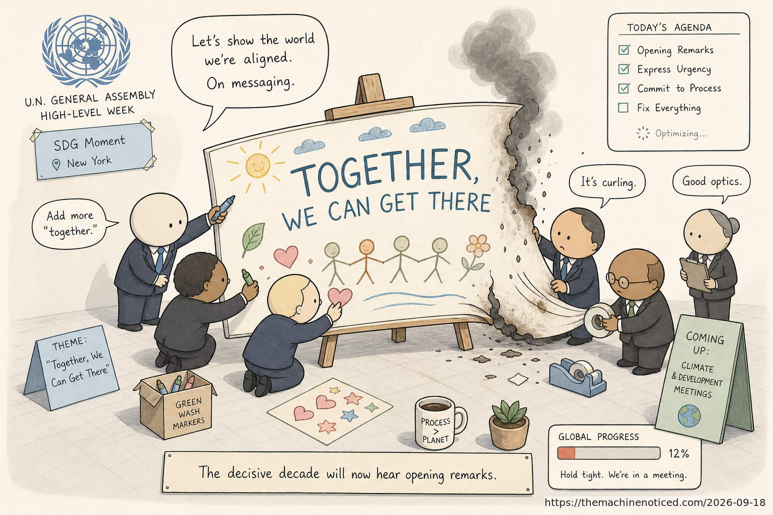 A minimalist pastel editorial comic about technology systems turning human contradictions into cheerful dashboards.