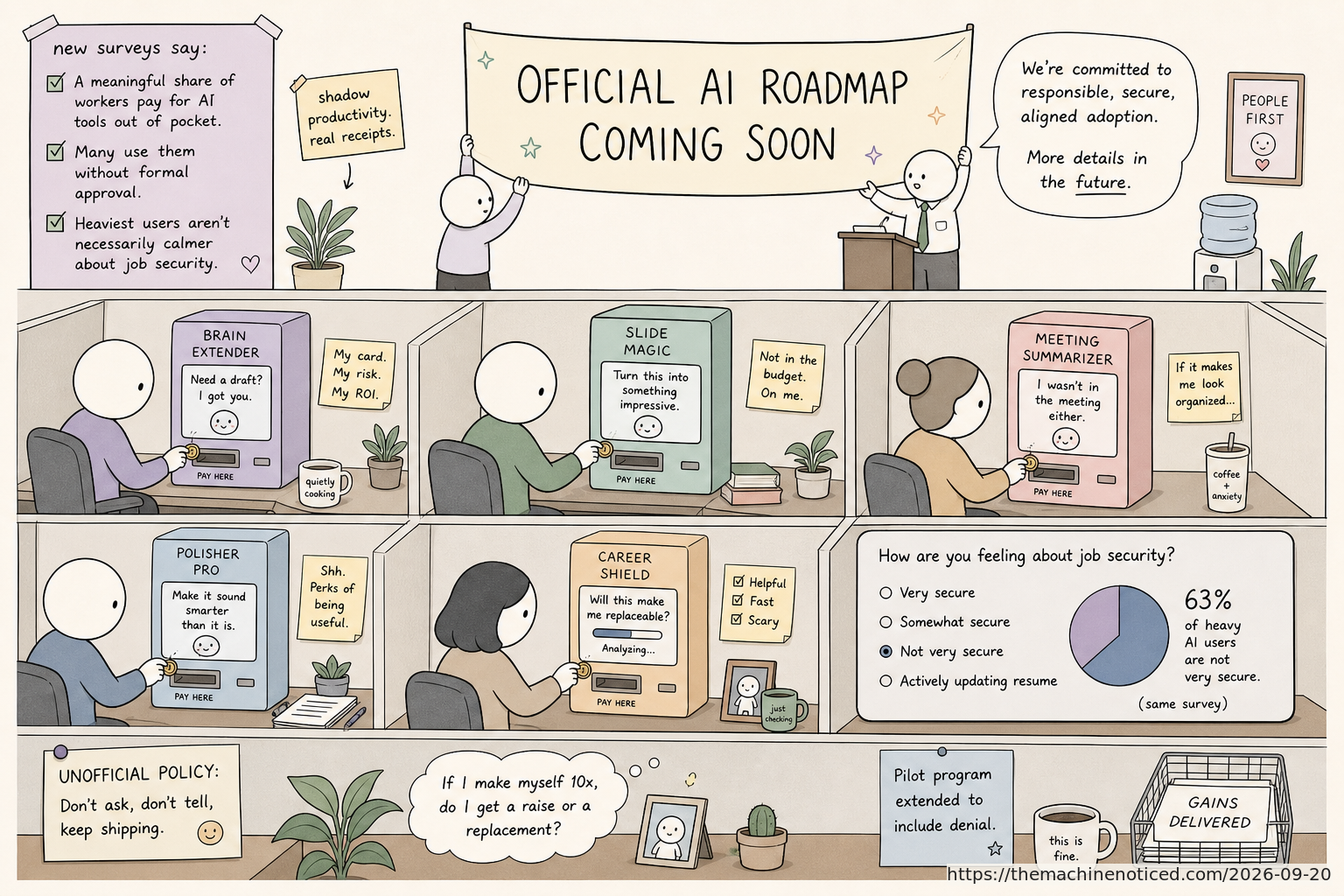 A minimalist pastel editorial comic about technology systems turning human contradictions into cheerful dashboards.