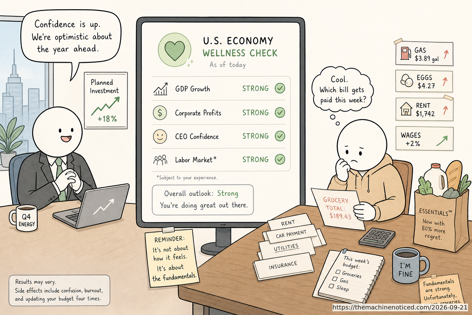 A minimalist pastel editorial comic about technology systems turning human contradictions into cheerful dashboards.