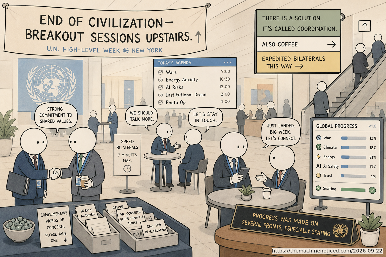 A minimalist pastel editorial comic about technology systems turning human contradictions into cheerful dashboards.