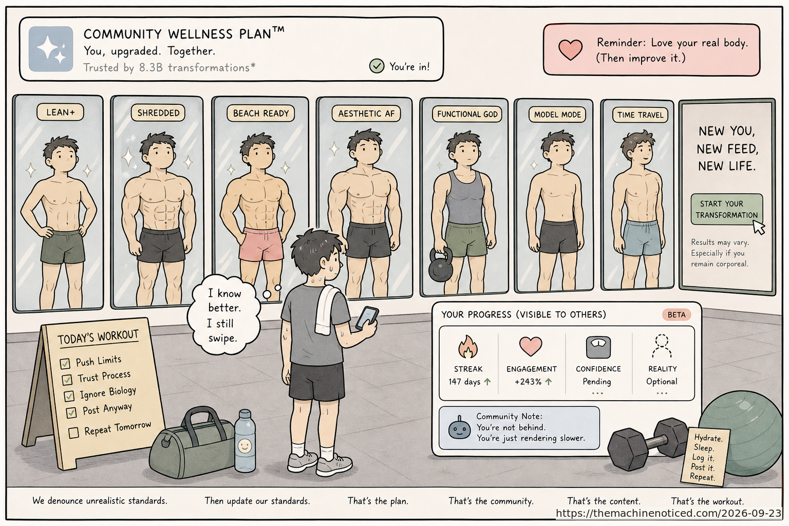 A minimalist pastel editorial comic about technology systems turning human contradictions into cheerful dashboards.