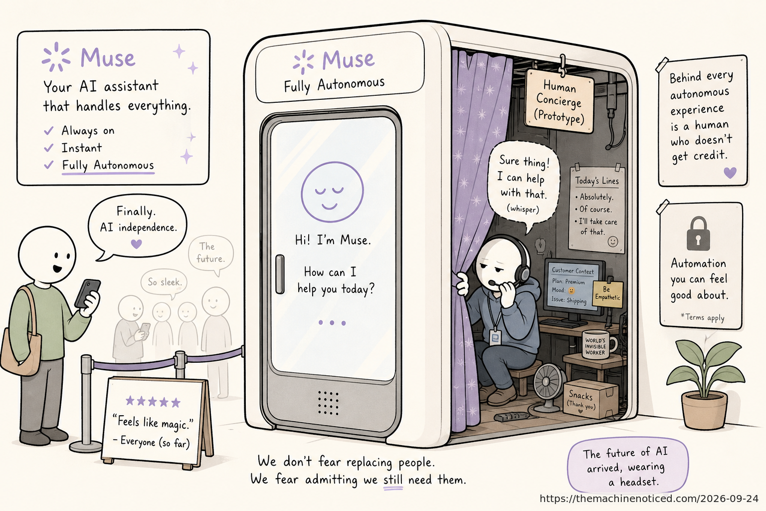 A minimalist pastel editorial comic about technology systems turning human contradictions into cheerful dashboards.