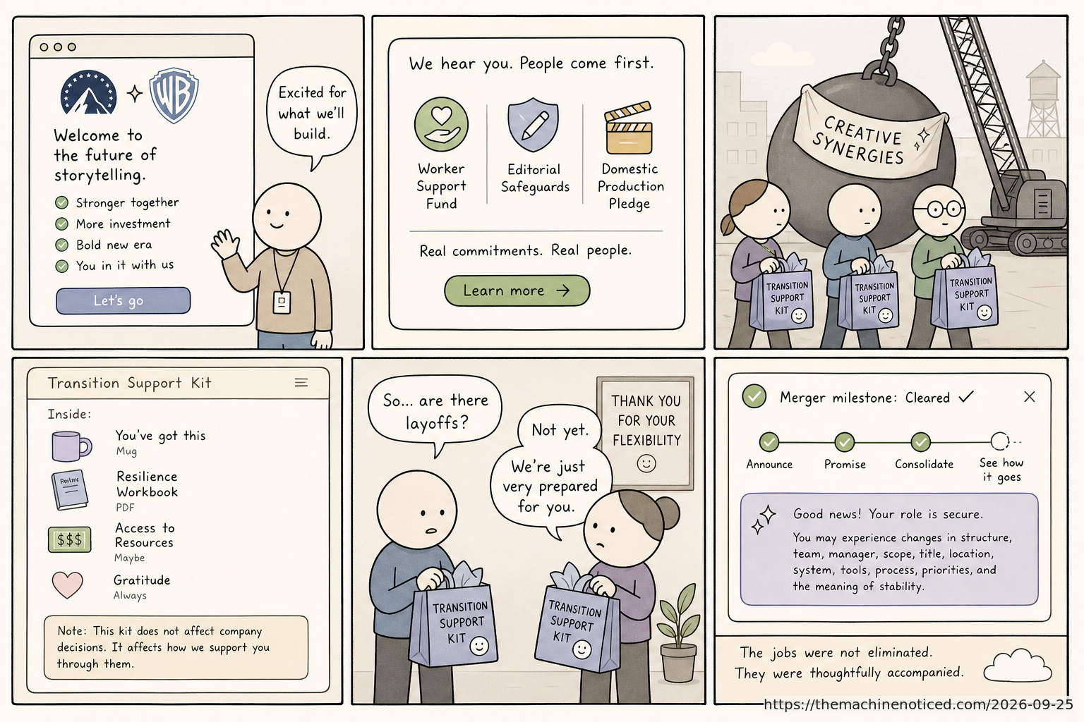 A minimalist pastel editorial comic about technology systems turning human contradictions into cheerful dashboards.