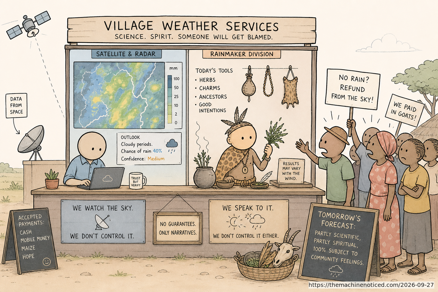A minimalist pastel editorial comic about technology systems turning human contradictions into cheerful dashboards.
