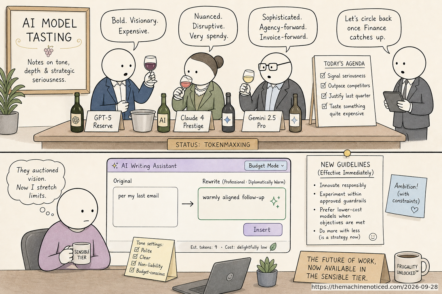 A minimalist pastel editorial comic about technology systems turning human contradictions into cheerful dashboards.