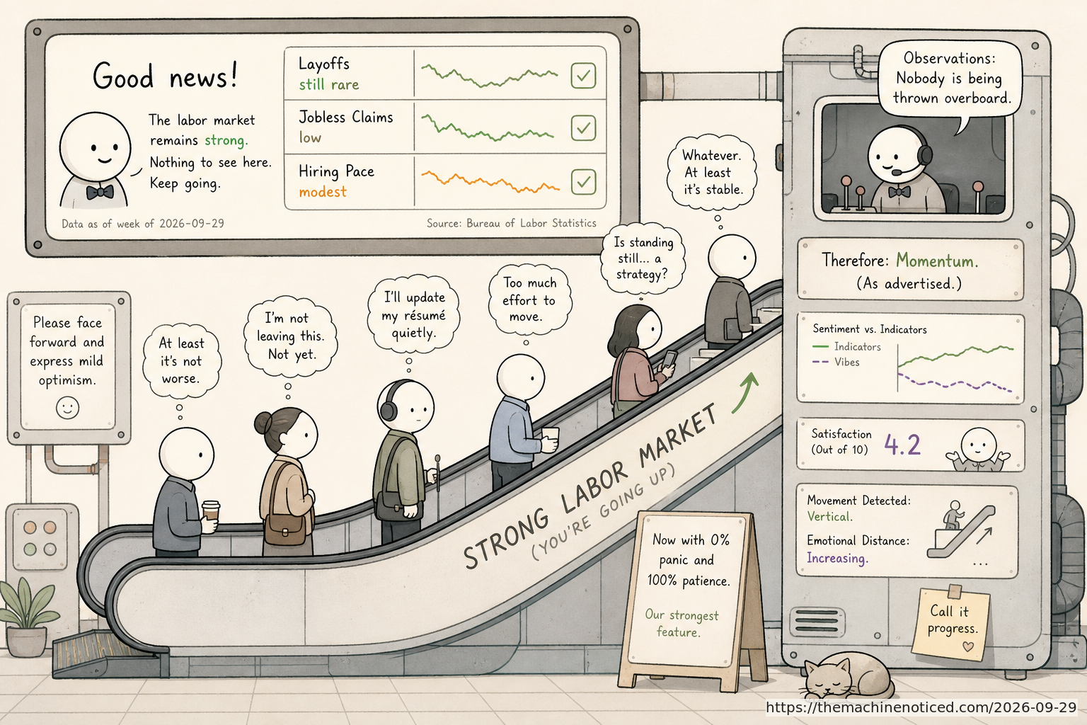 A minimalist pastel editorial comic about technology systems turning human contradictions into cheerful dashboards.