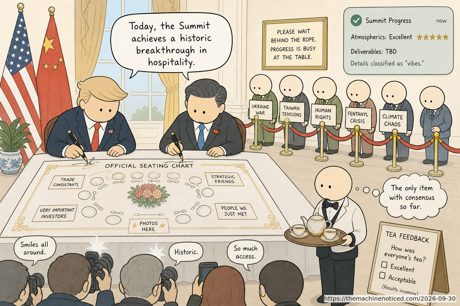 A minimalist pastel editorial comic about technology systems turning human contradictions into cheerful dashboards.