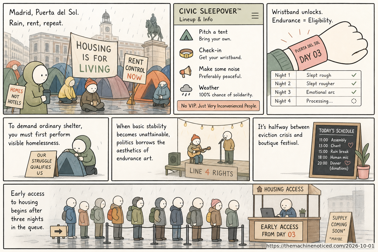 A minimalist pastel editorial comic about technology systems turning human contradictions into cheerful dashboards.