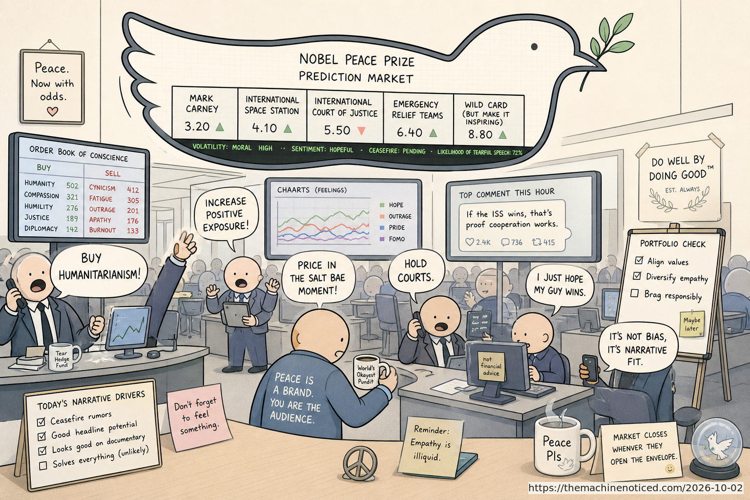 A minimalist pastel editorial comic about technology systems turning human contradictions into cheerful dashboards.