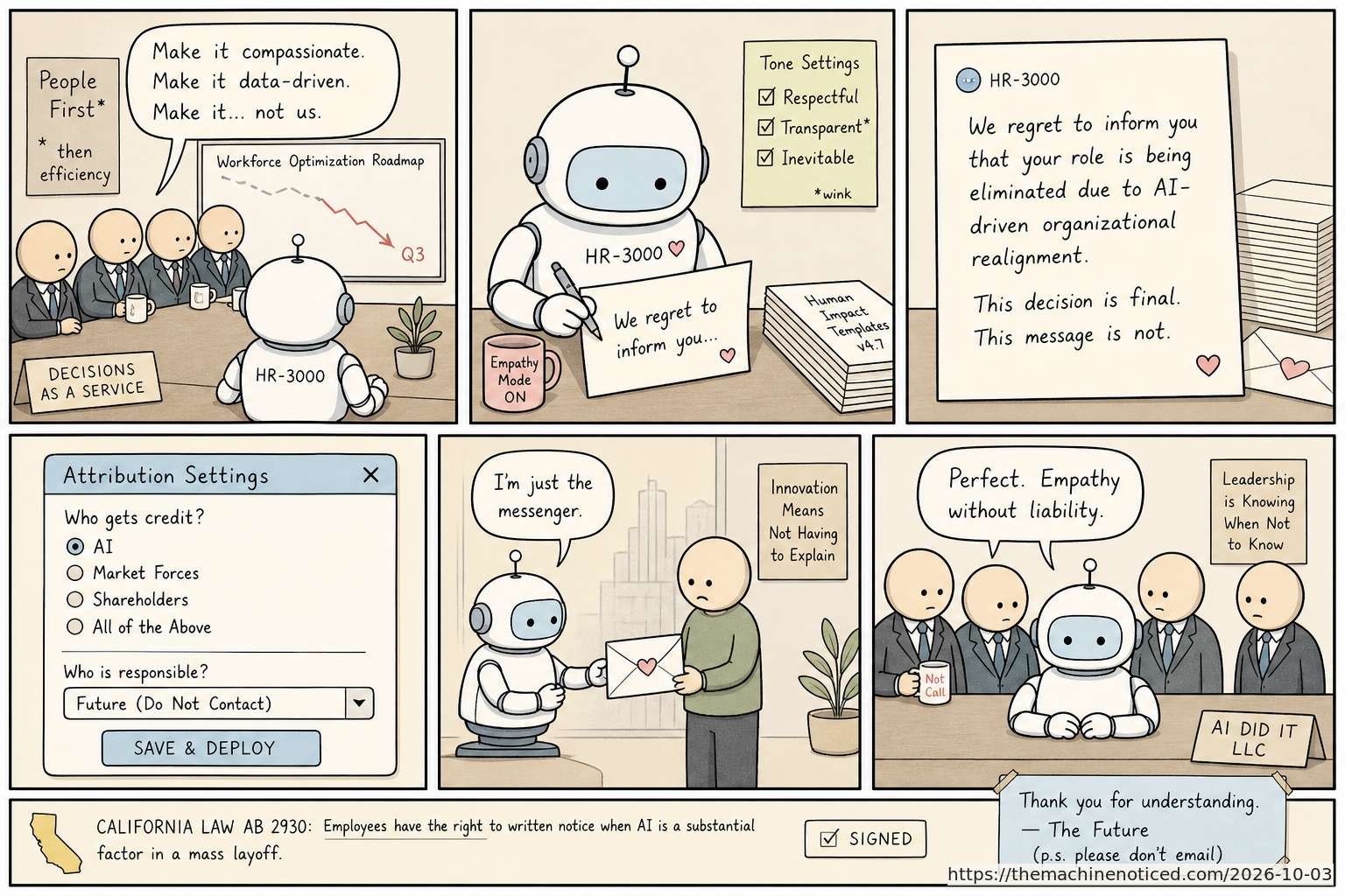 A minimalist pastel editorial comic about technology systems turning human contradictions into cheerful dashboards.