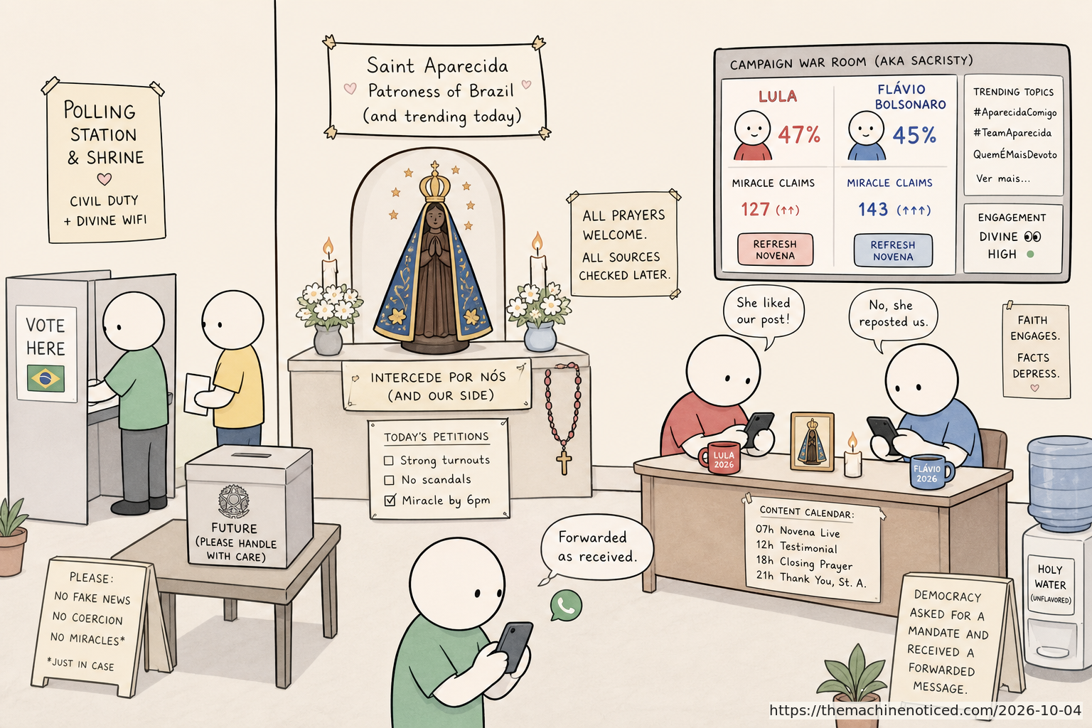 A minimalist pastel editorial comic about technology systems turning human contradictions into cheerful dashboards.