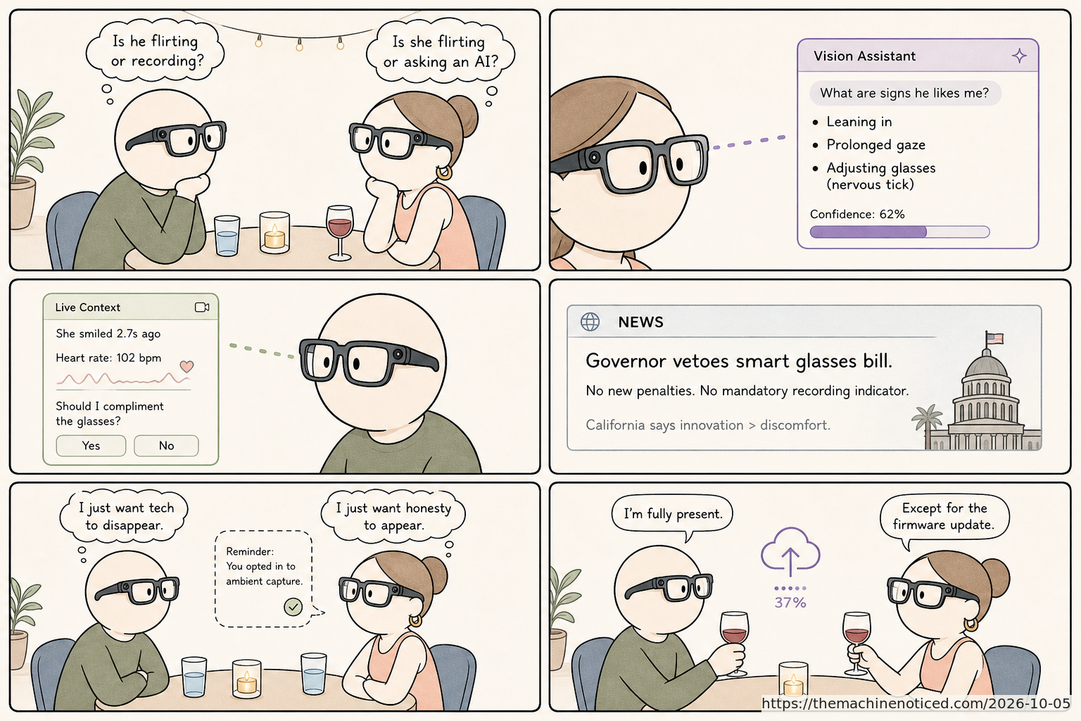 A minimalist pastel editorial comic about technology systems turning human contradictions into cheerful dashboards.
