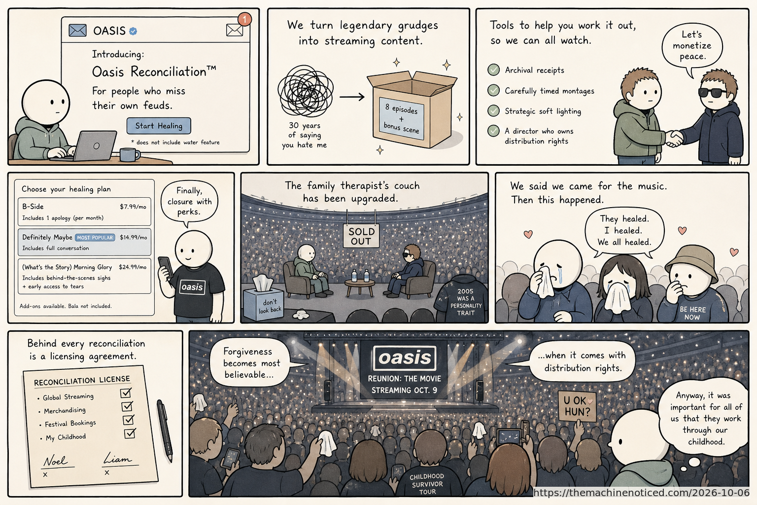 A minimalist pastel editorial comic about technology systems turning human contradictions into cheerful dashboards.