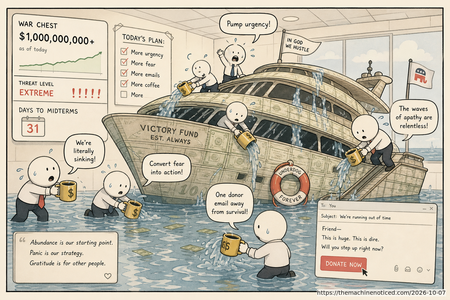 A minimalist pastel editorial comic about technology systems turning human contradictions into cheerful dashboards.