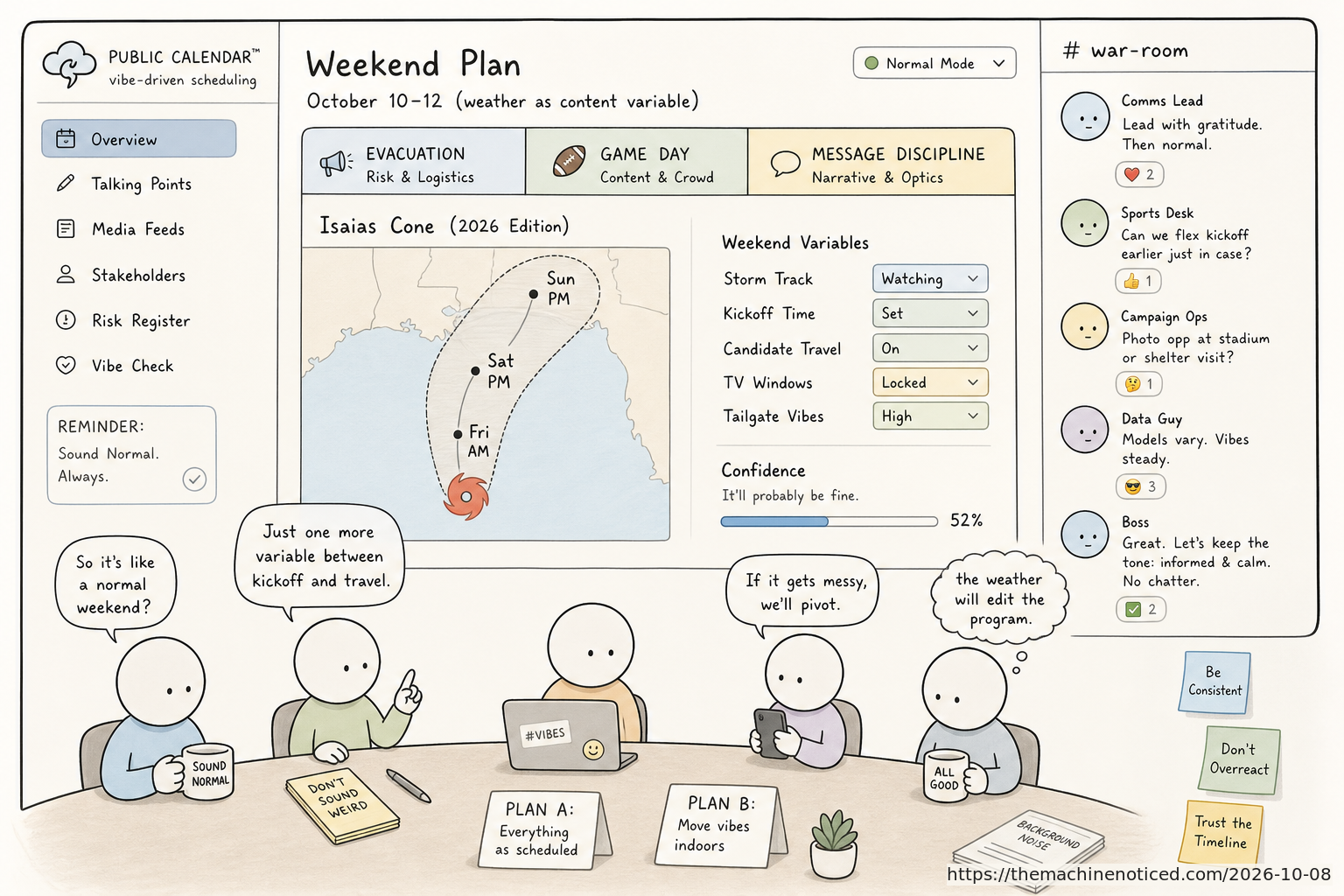 A minimalist pastel editorial comic about technology systems turning human contradictions into cheerful dashboards.
