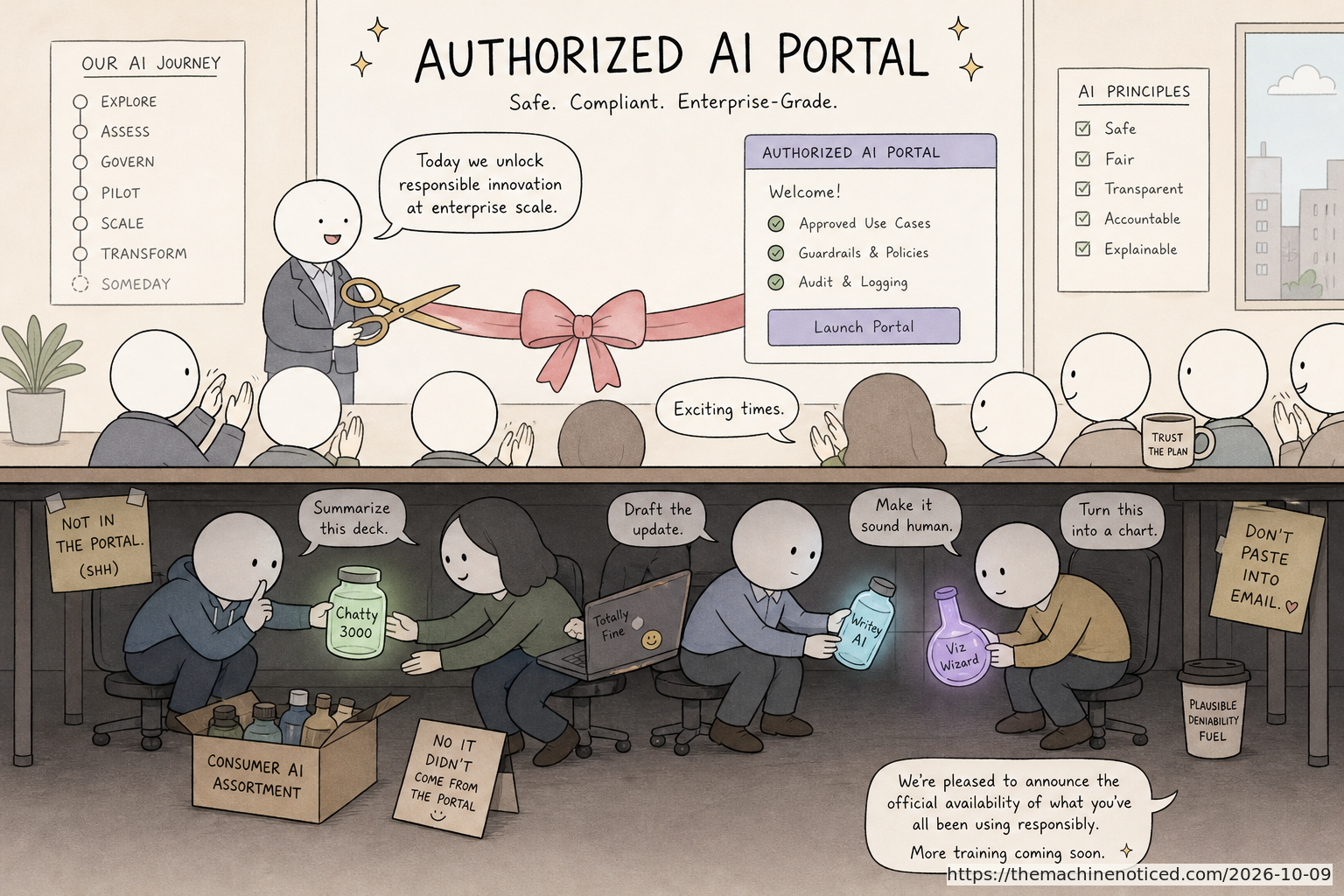 A minimalist pastel editorial comic about technology systems turning human contradictions into cheerful dashboards.