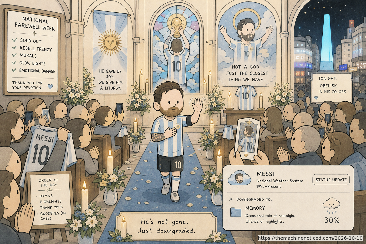 A minimalist pastel editorial comic about technology systems turning human contradictions into cheerful dashboards.