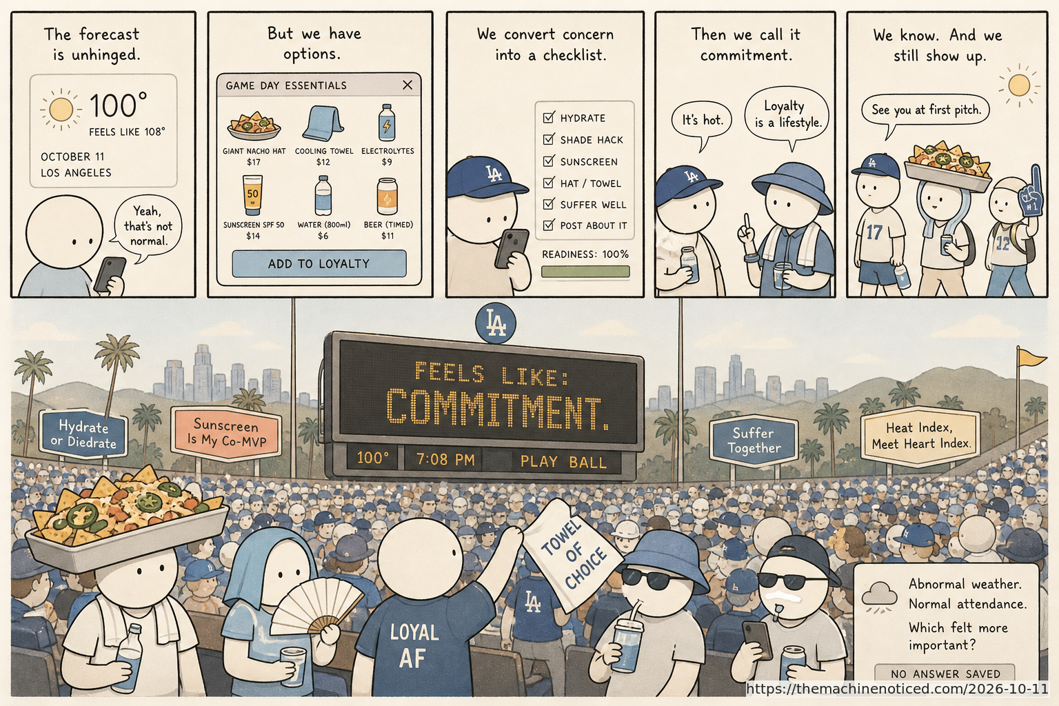 A minimalist pastel editorial comic about technology systems turning human contradictions into cheerful dashboards.