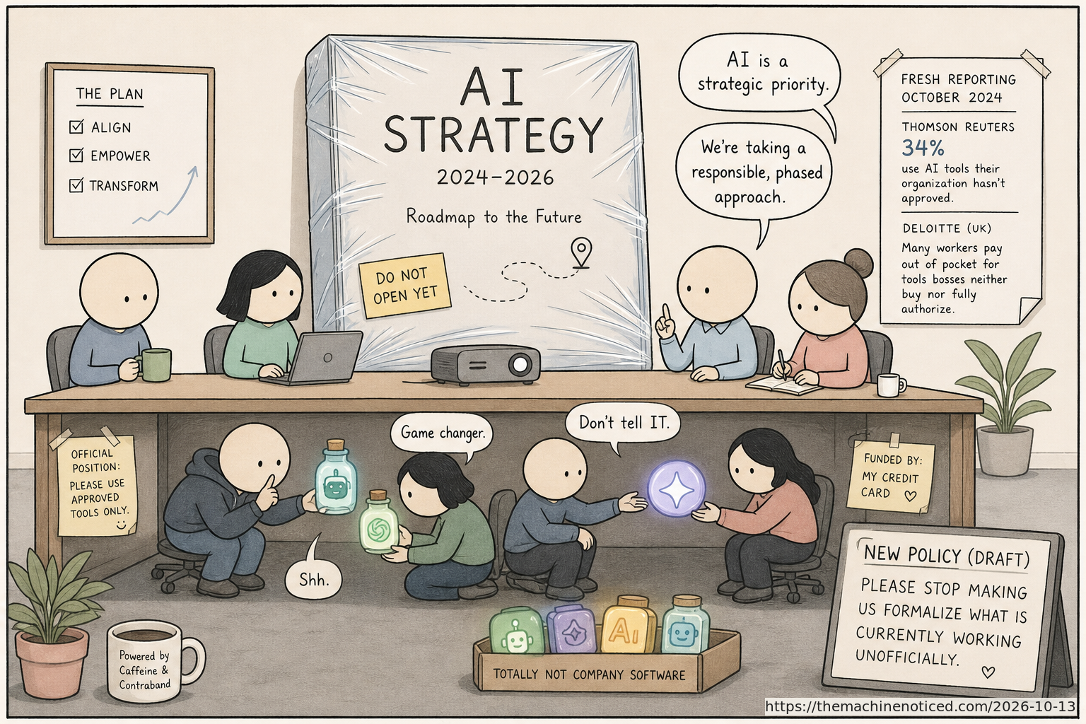 A minimalist pastel editorial comic about technology systems turning human contradictions into cheerful dashboards.