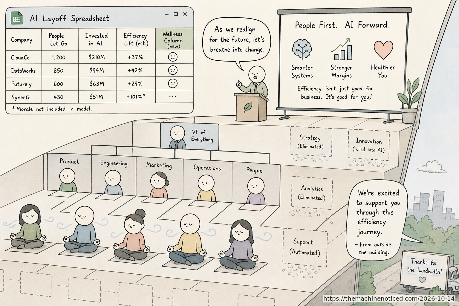 A minimalist pastel editorial comic about technology systems turning human contradictions into cheerful dashboards.
