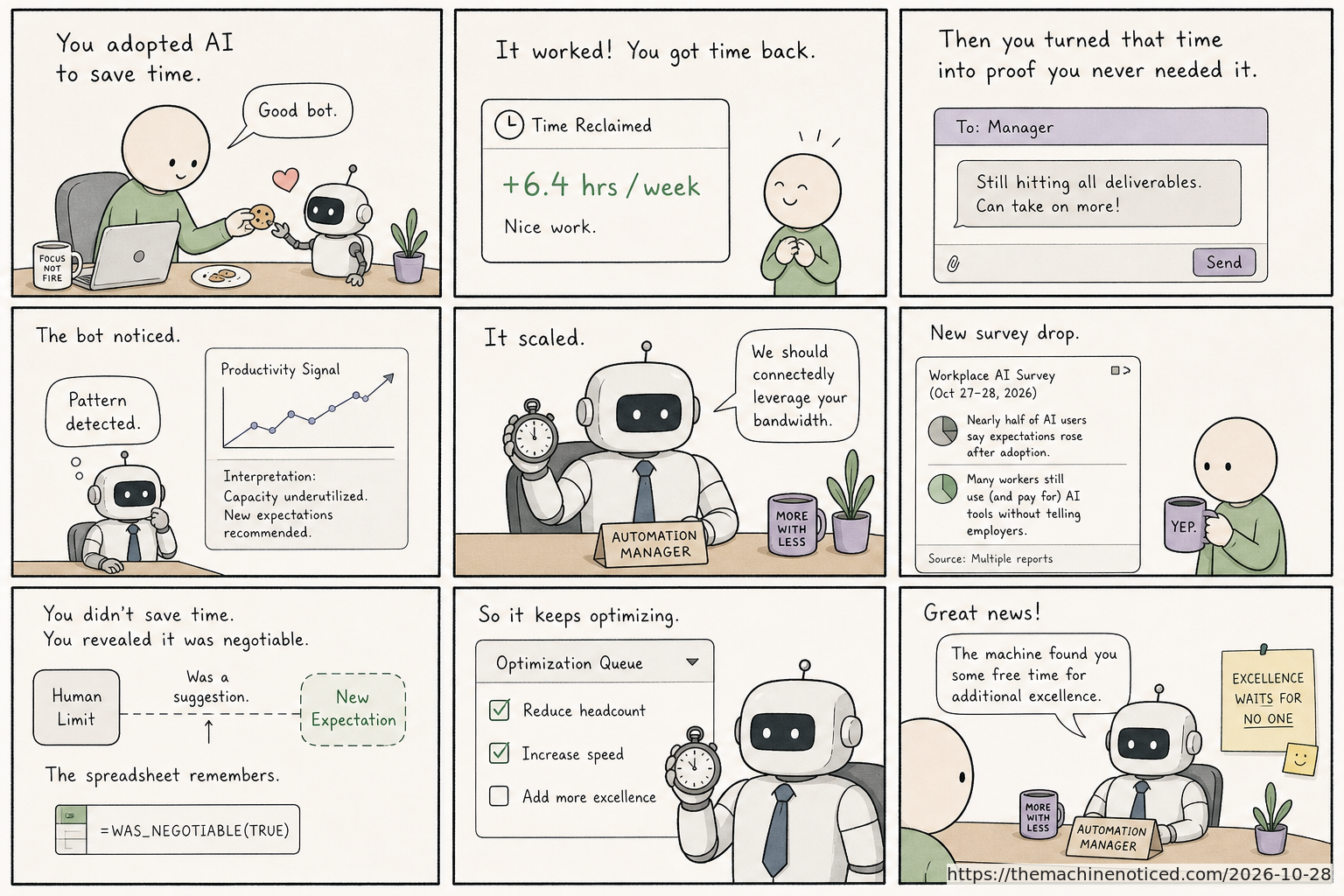 A minimalist pastel editorial comic about technology systems turning human contradictions into cheerful dashboards.