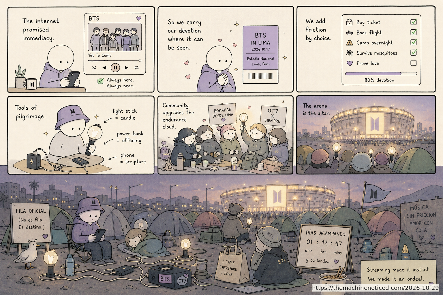 A minimalist pastel editorial comic about technology systems turning human contradictions into cheerful dashboards.