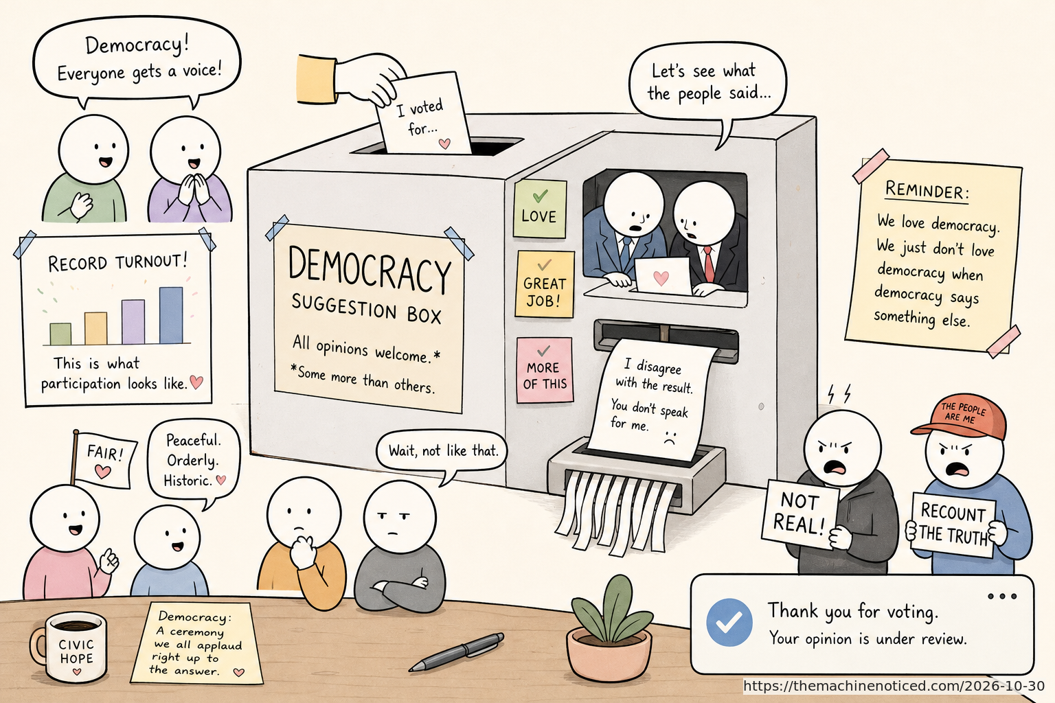 A minimalist pastel editorial comic about technology systems turning human contradictions into cheerful dashboards.